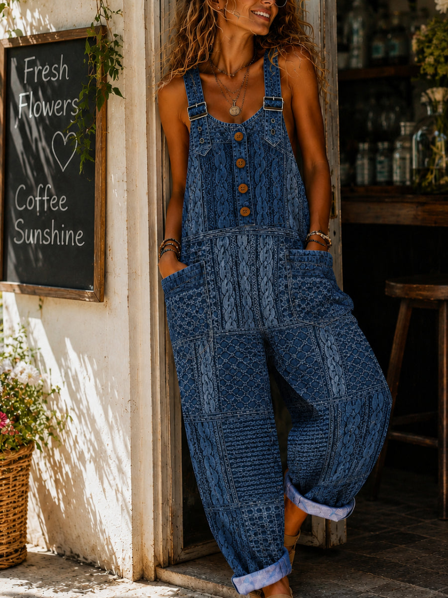 Women's Casual Sleeveless Denim Patchwork Jumpsuit